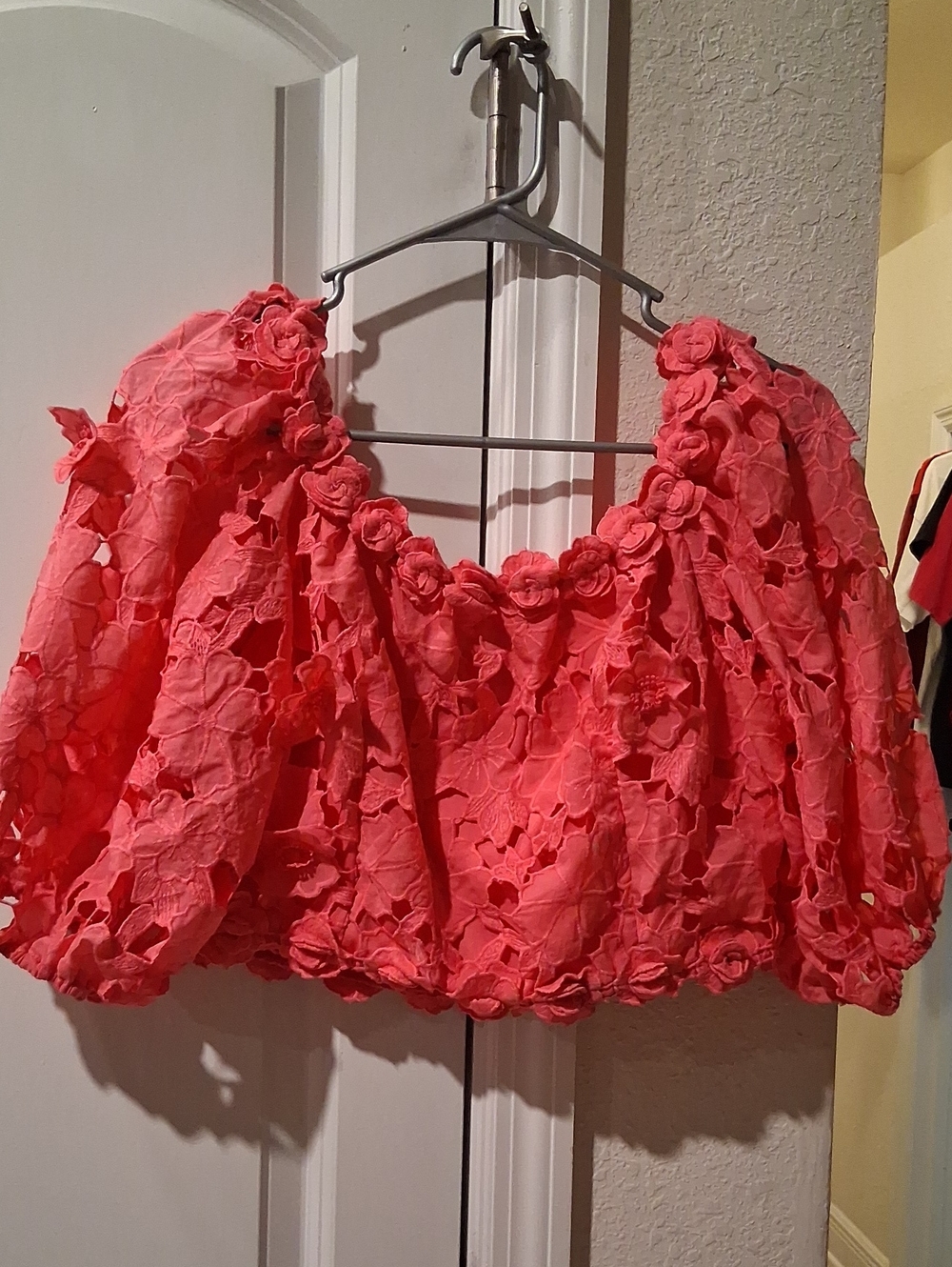 Rosette Eyelet Puff-Sleeve Crop Top - Coral